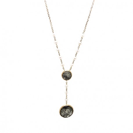 Yellow gold pearl and rutilated quartz necklace